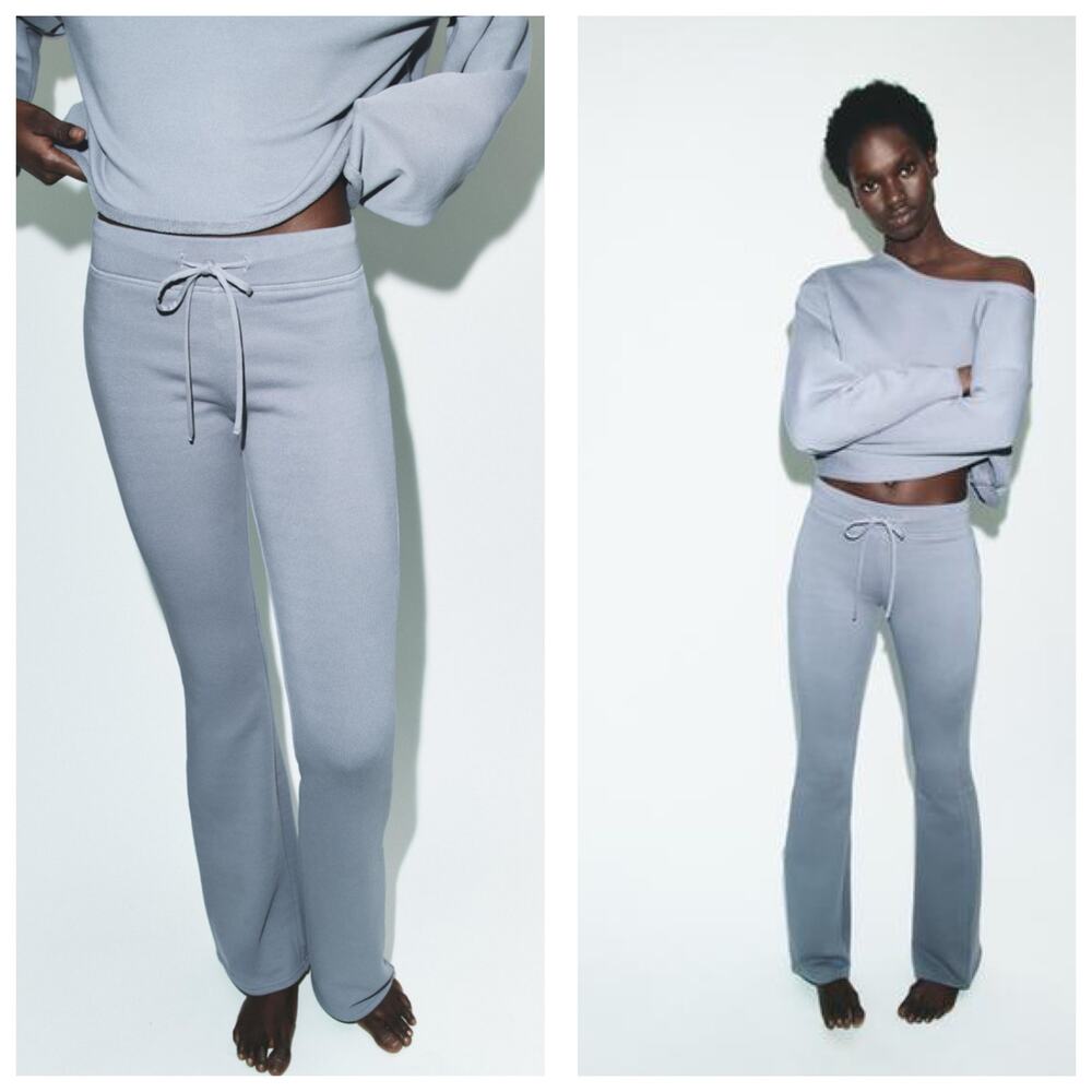 NWT Zara Grey Blue Flare Sweatpants Size Small Cotton Loungewear Comfy 4174/311